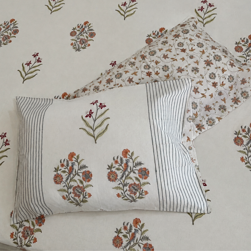 Ivory Garden Hand Block Cotton Bedsheet