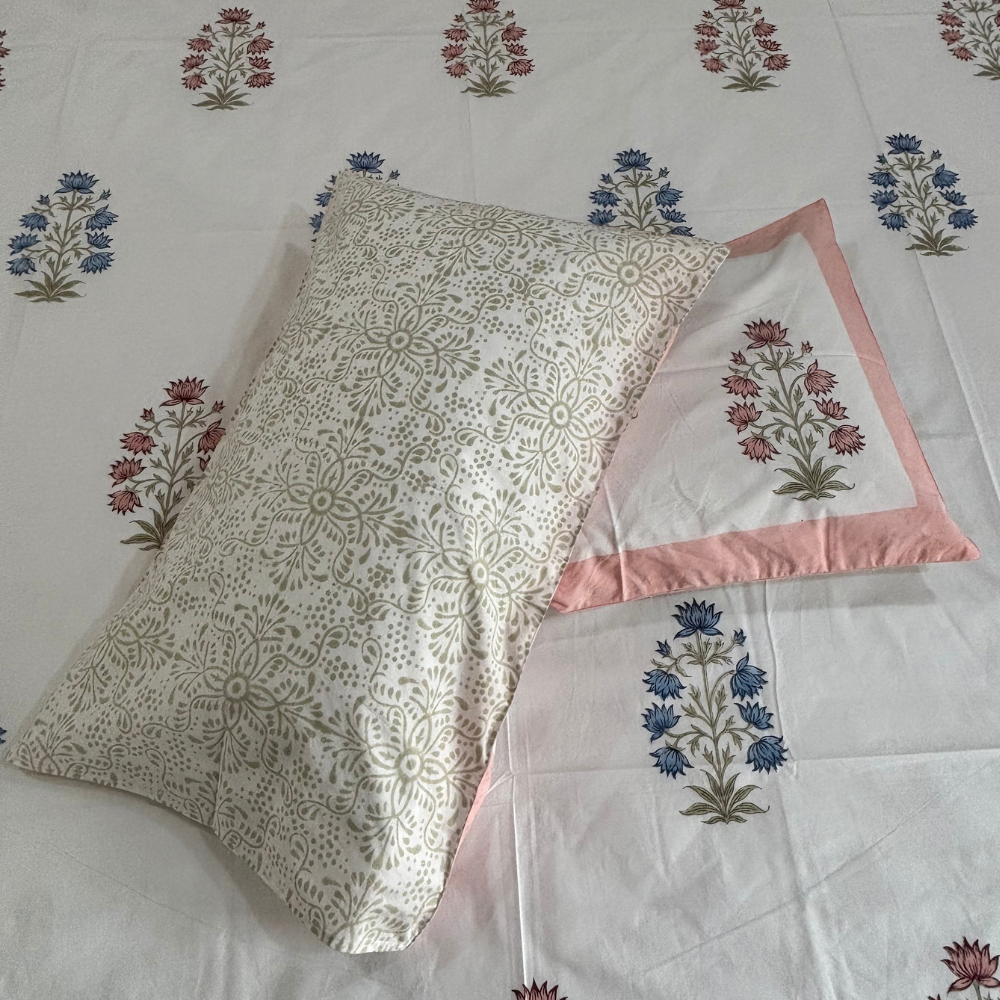 Sanganeri Pink & Blue Lotus Hand Block Cotton Bedsheet