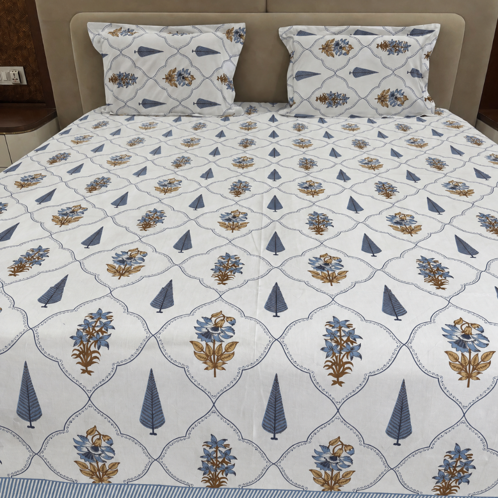 Blue Courtyard Block Print Cotton Bedsheet