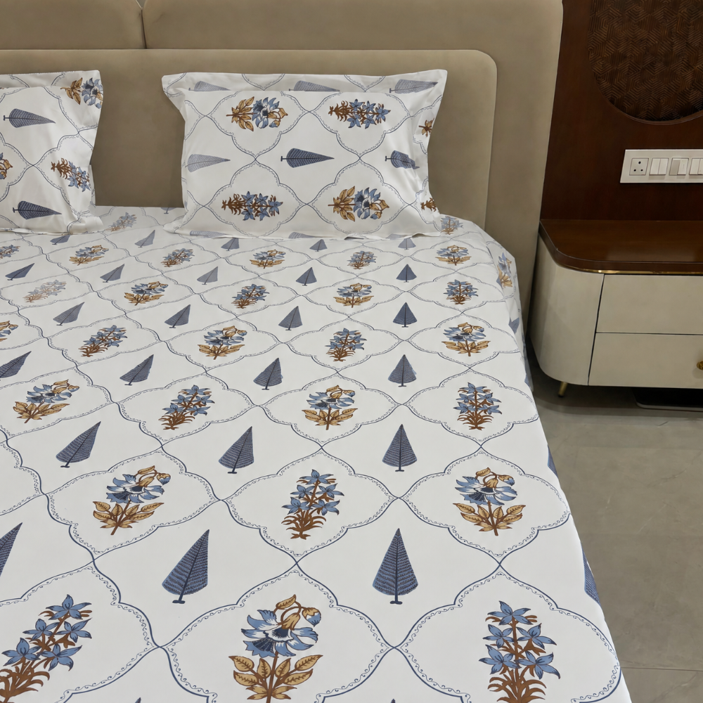 Blue Courtyard Block Print Cotton Bedsheet