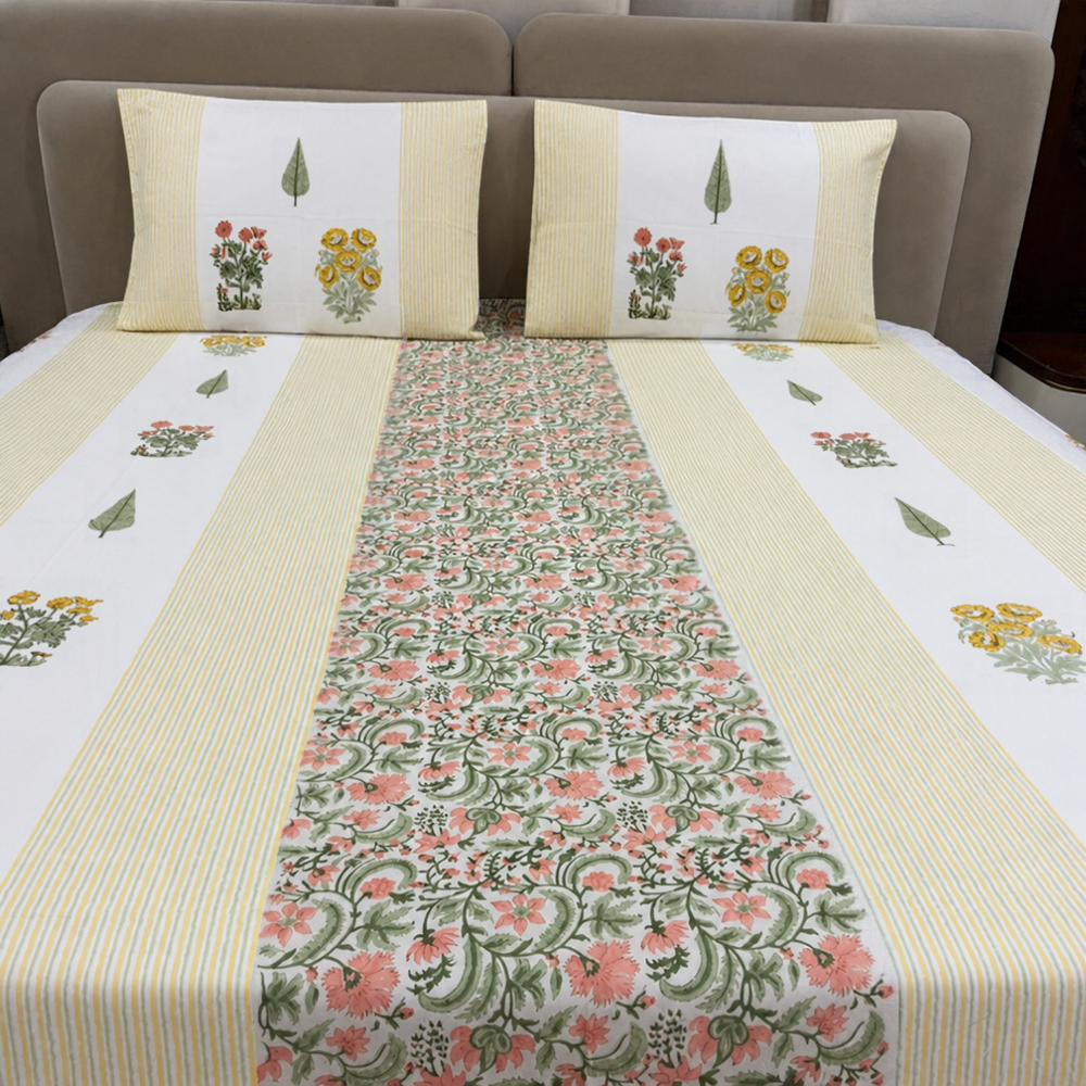 Gulmohar & Stripe Hand Block Cotton Bedsheet