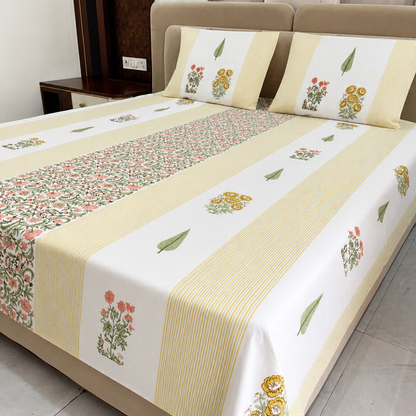 Gulmohar & Stripe Hand Block Cotton Bedsheet