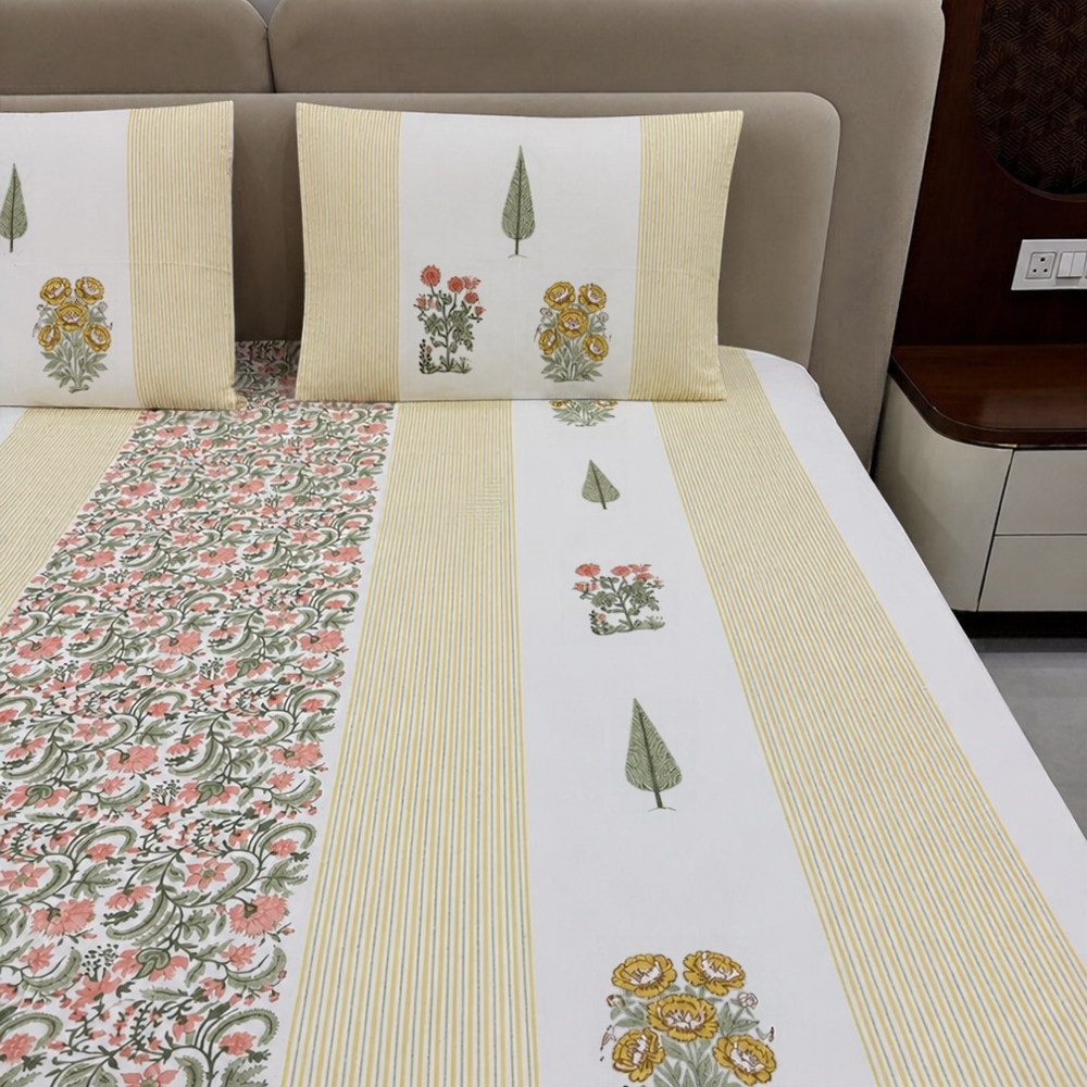 Gulmohar & Stripe Hand Block Cotton Bedsheet