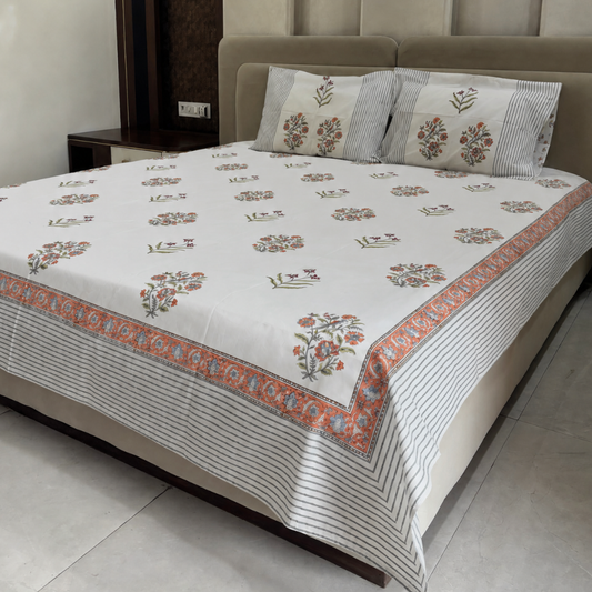 Ivory Garden Hand Block Cotton Bedsheet