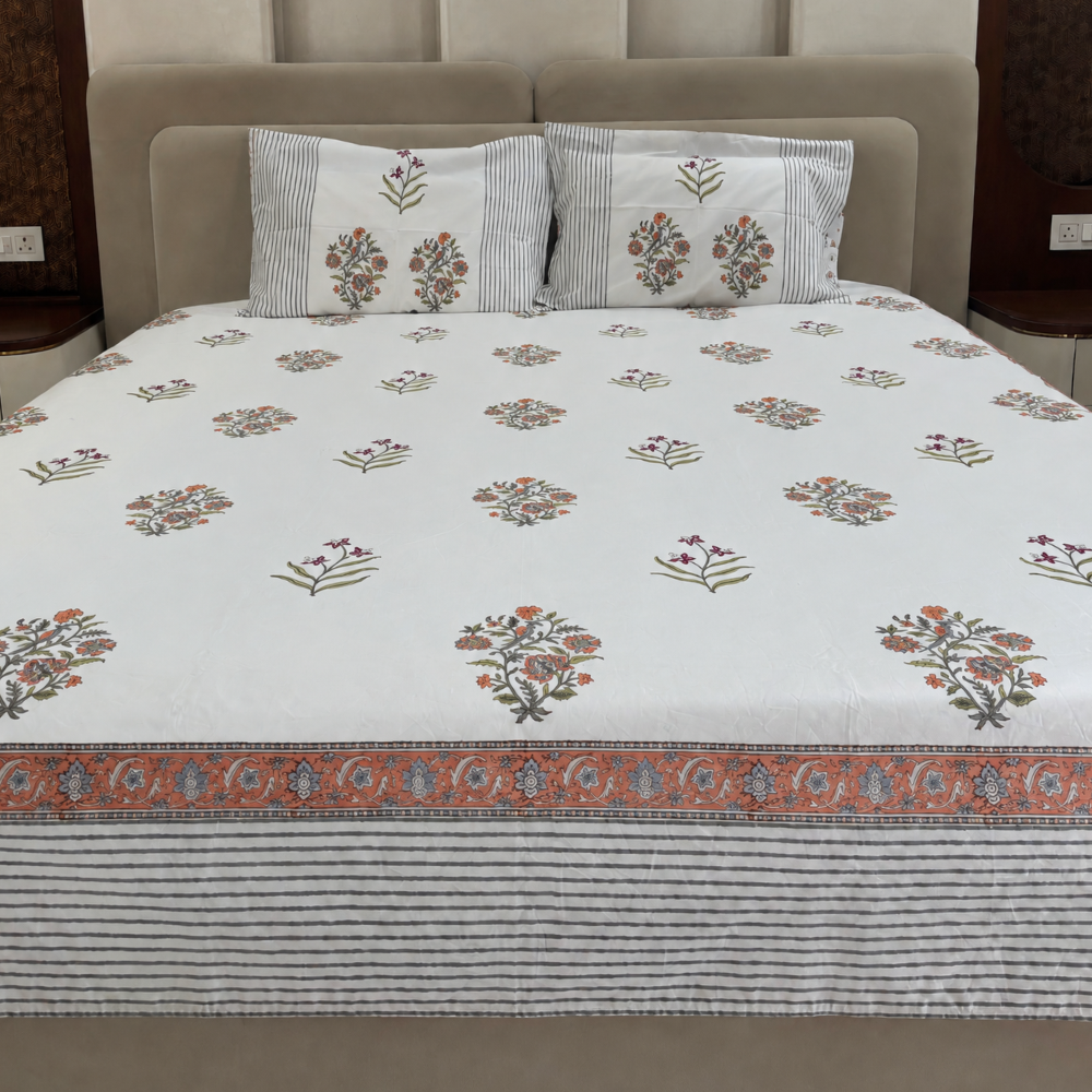 Ivory Garden Hand Block Cotton Bedsheet