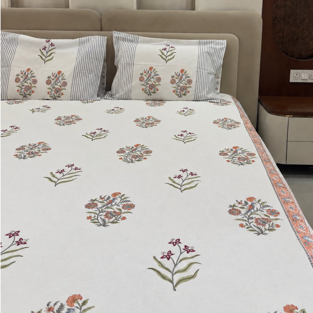Ivory Garden Hand Block Cotton Bedsheet