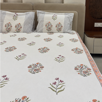 Ivory Garden Hand Block Cotton Bedsheet