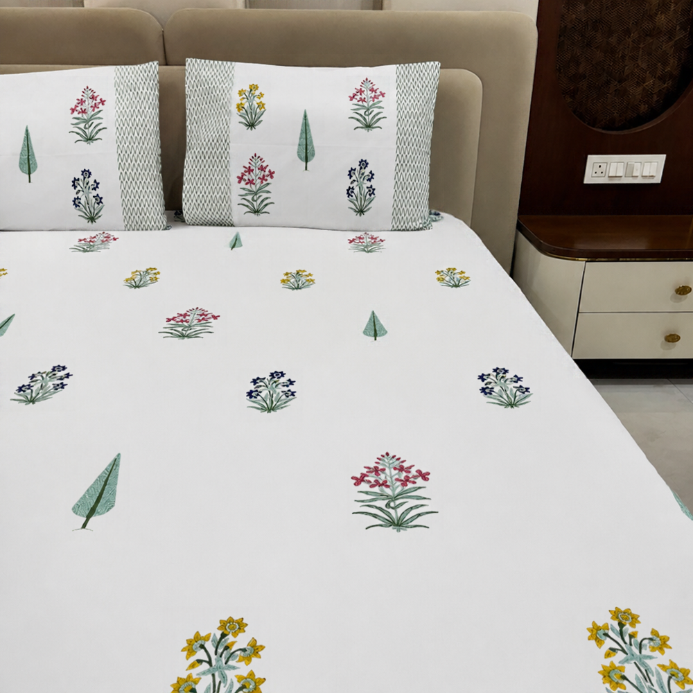 Kashmiri Garden Hand Block Cotton Bedsheet