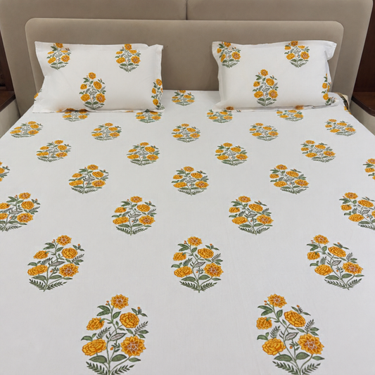 Marigold Yellow Block Print Cotton Bedsheet