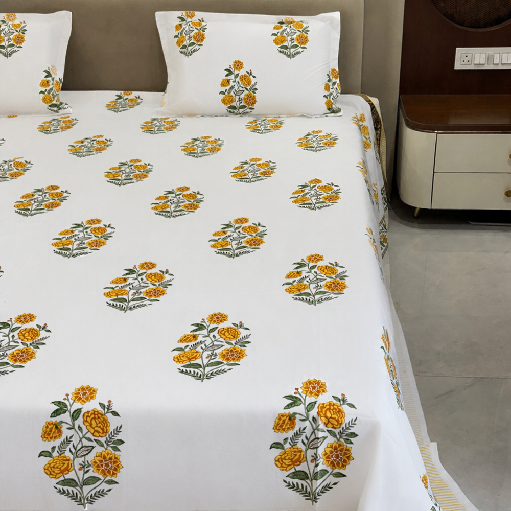 Marigold Yellow Block Print Cotton Bedsheet
