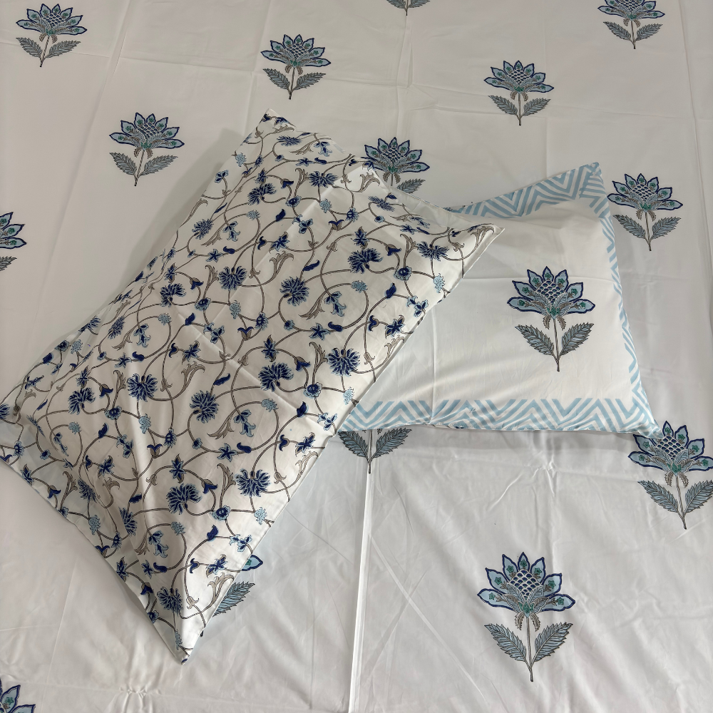 Padmini Blue Lotus Hand Block Cotton Bedsheet