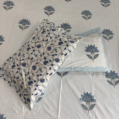 Padmini Blue Lotus Hand Block Cotton Bedsheet