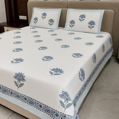 Padmini Blue Lotus Hand Block Cotton Bedsheet