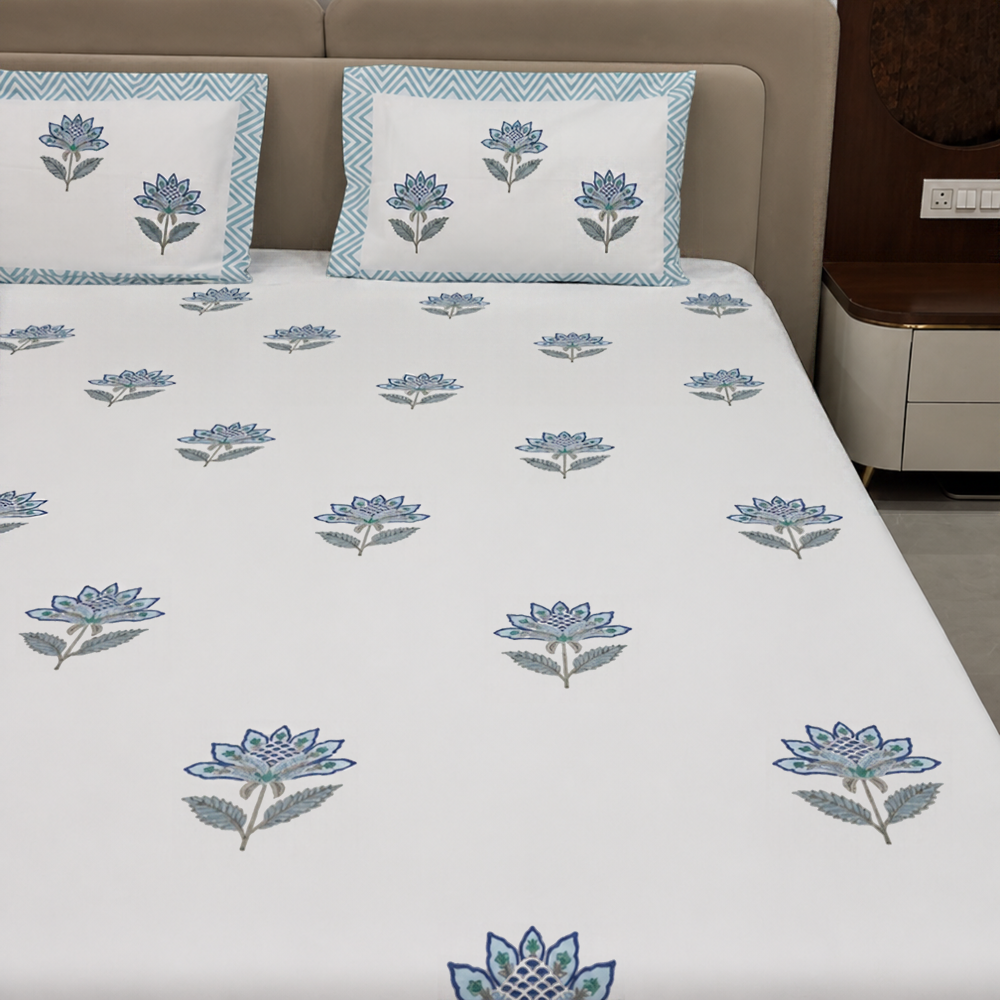 Padmini Blue Lotus Hand Block Cotton Bedsheet