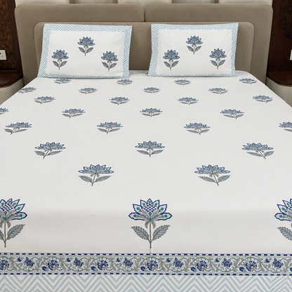 Padmini Blue Lotus Hand Block Cotton Bedsheet