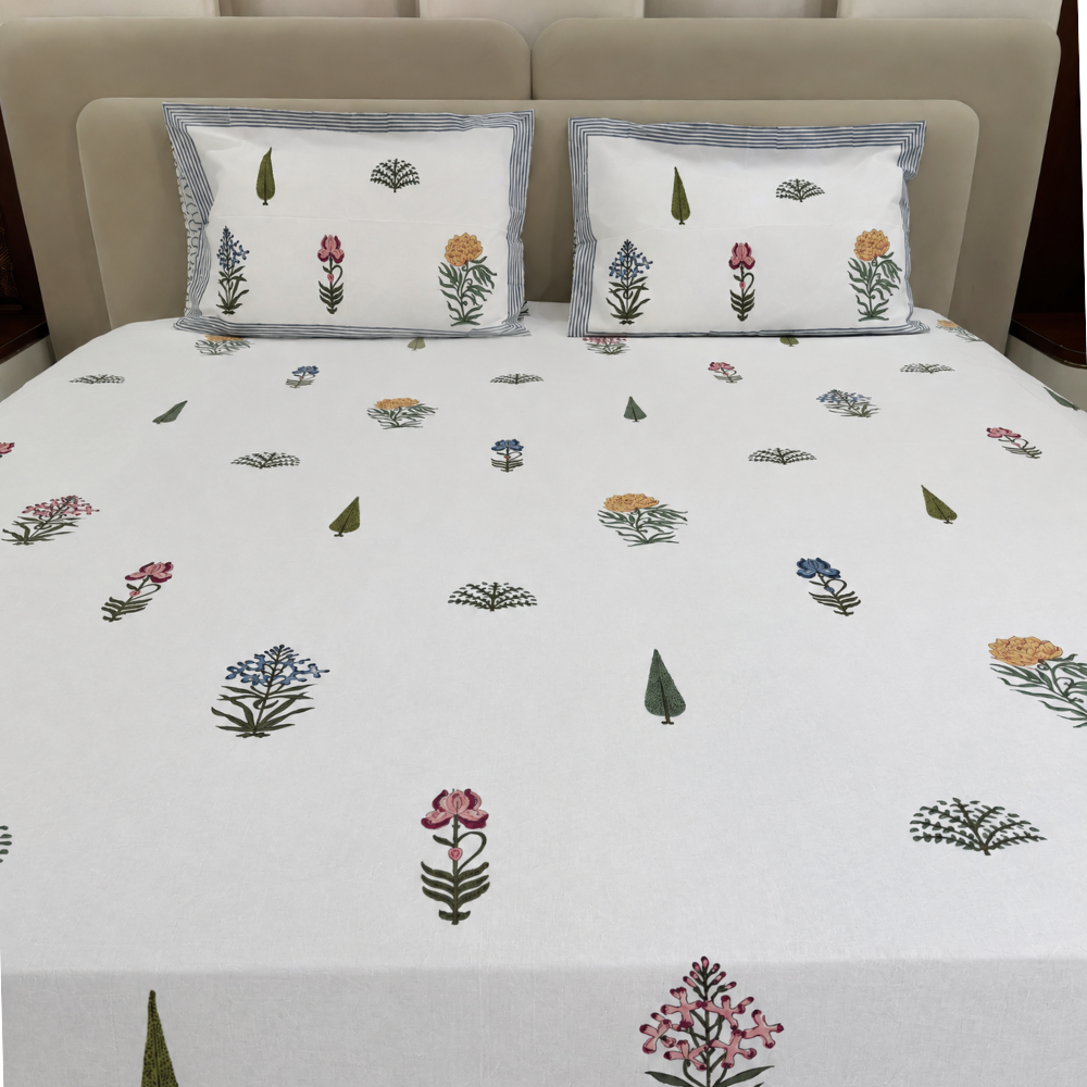 Phoolwari Hand Block Cotton Bedsheet