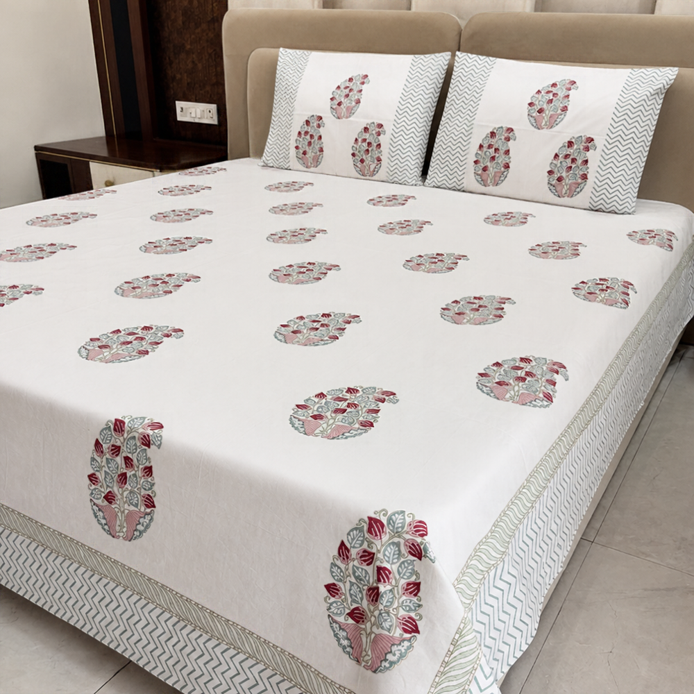Pink City Paisley Set Hand Block Cotton Bedsheet