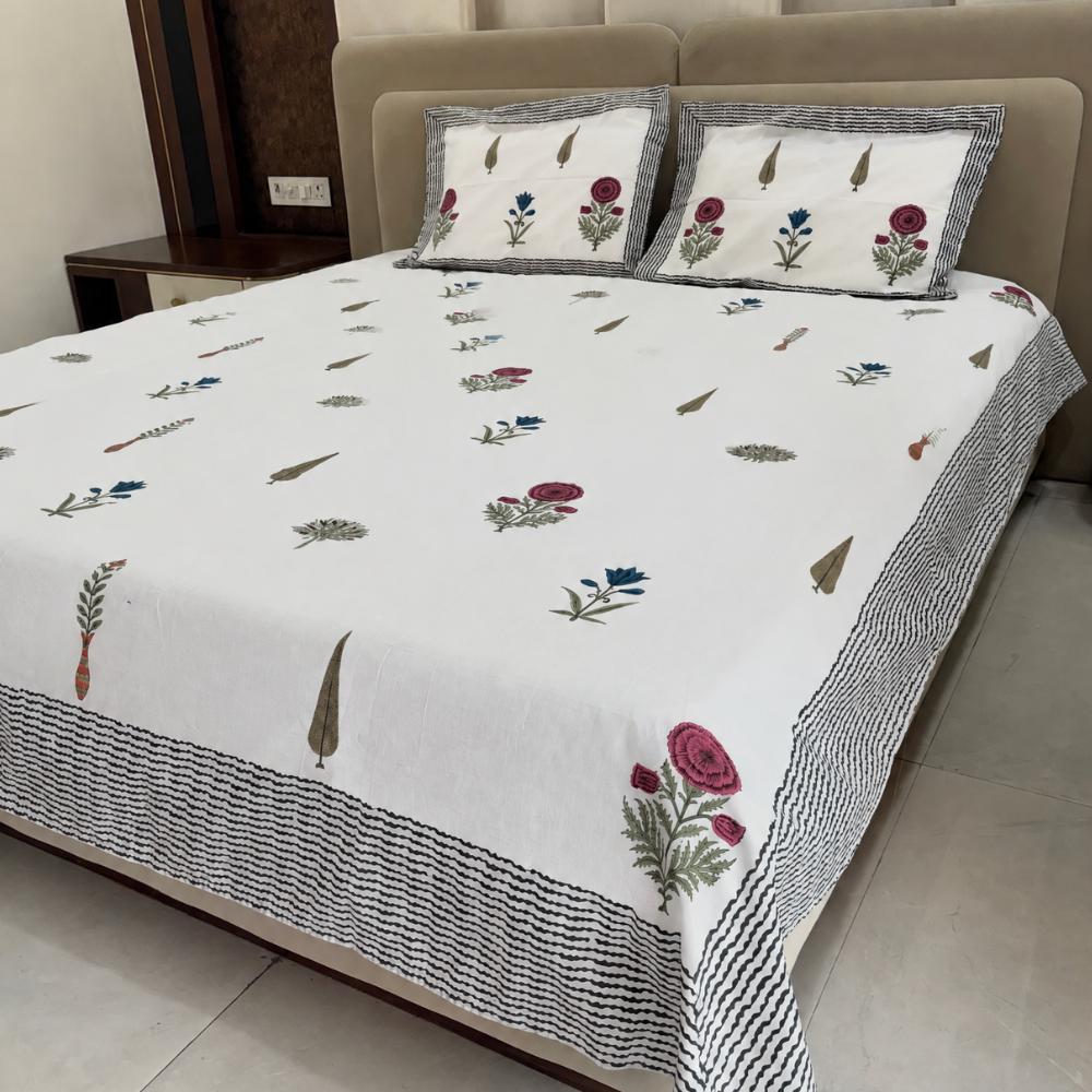 Rangrez Garden Ivory Floral Hand Block Cotton Bedsheet