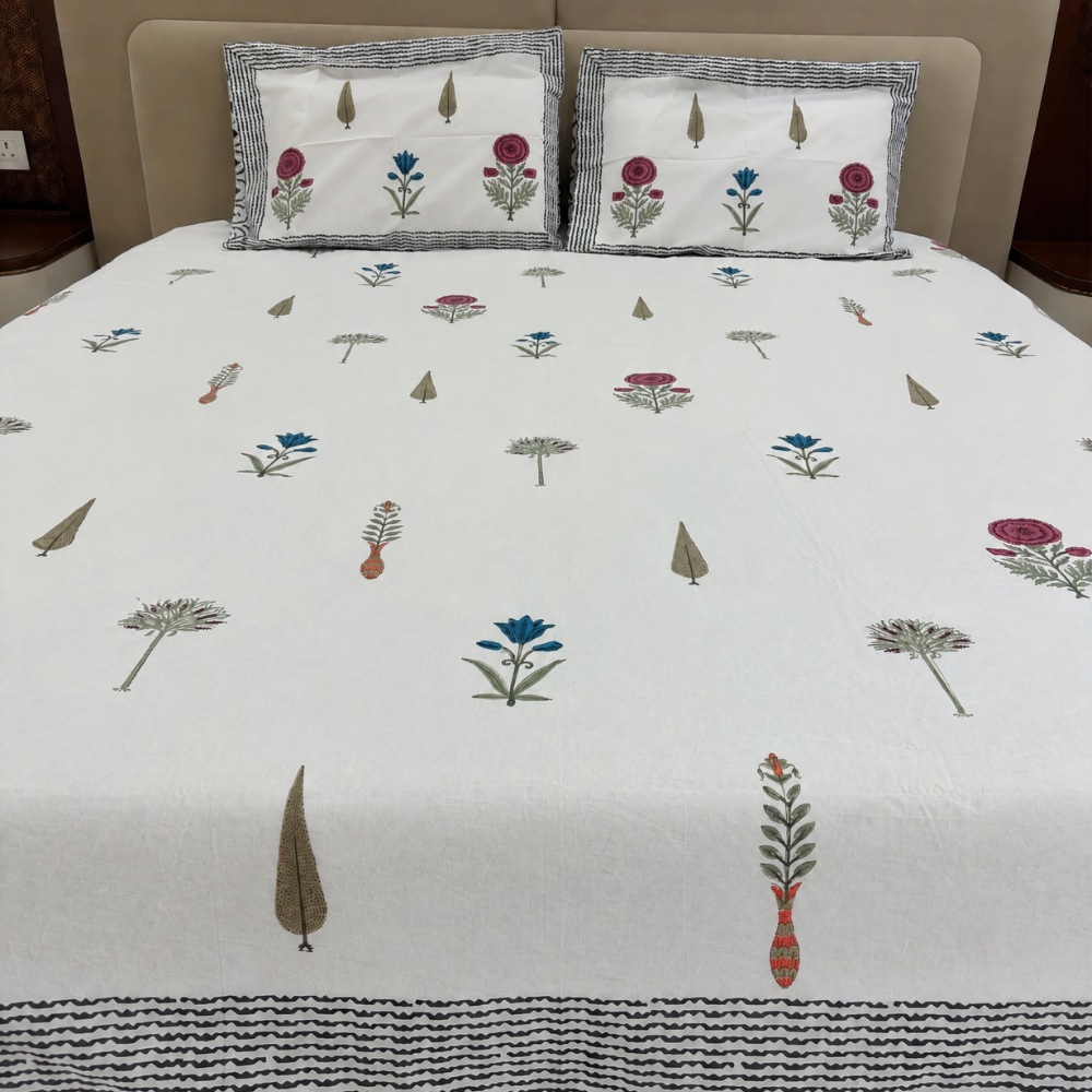 Rangrez Garden Ivory Floral Hand Block Cotton Bedsheet
