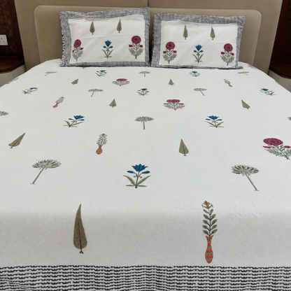 Rangrez Garden Ivory Floral Hand Block Cotton Bedsheet