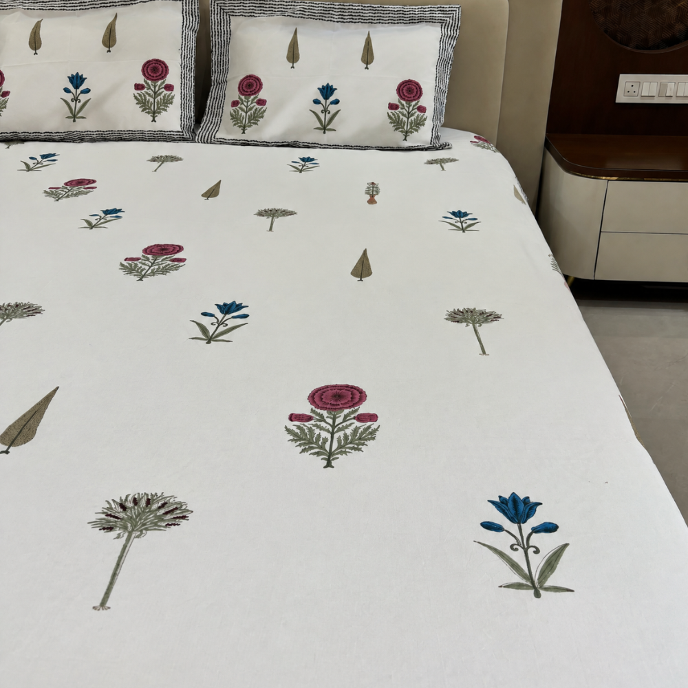 Rangrez Garden Ivory Floral Hand Block Cotton Bedsheet