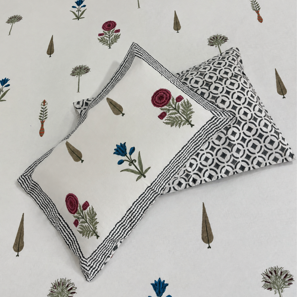 Rangrez Garden Ivory Floral Hand Block Cotton Bedsheet