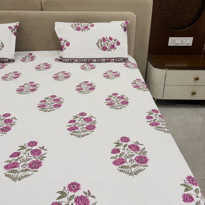 Rosevine Ivory Block Print Cotton Bedsheet