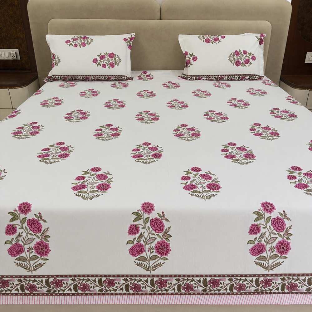 Rosevine Ivory Block Print Cotton Bedsheet