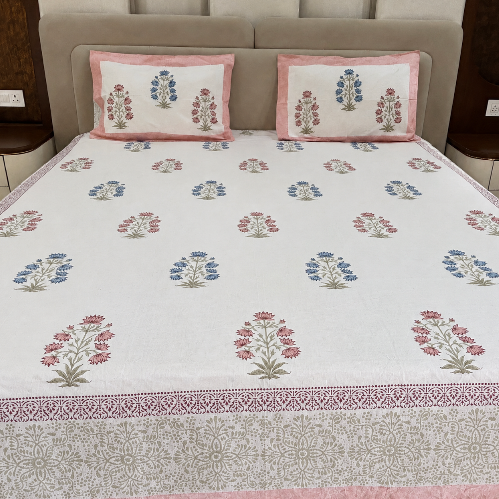 Sanganeri Pink & Blue Lotus Hand Block Cotton Bedsheet