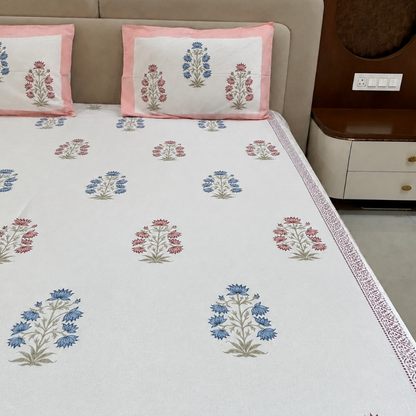 Sanganeri Pink & Blue Lotus Hand Block Cotton Bedsheet