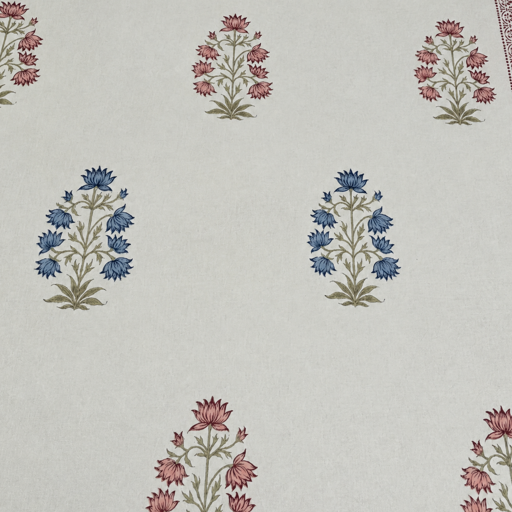 Sanganeri Pink & Blue Lotus Hand Block Cotton Bedsheet
